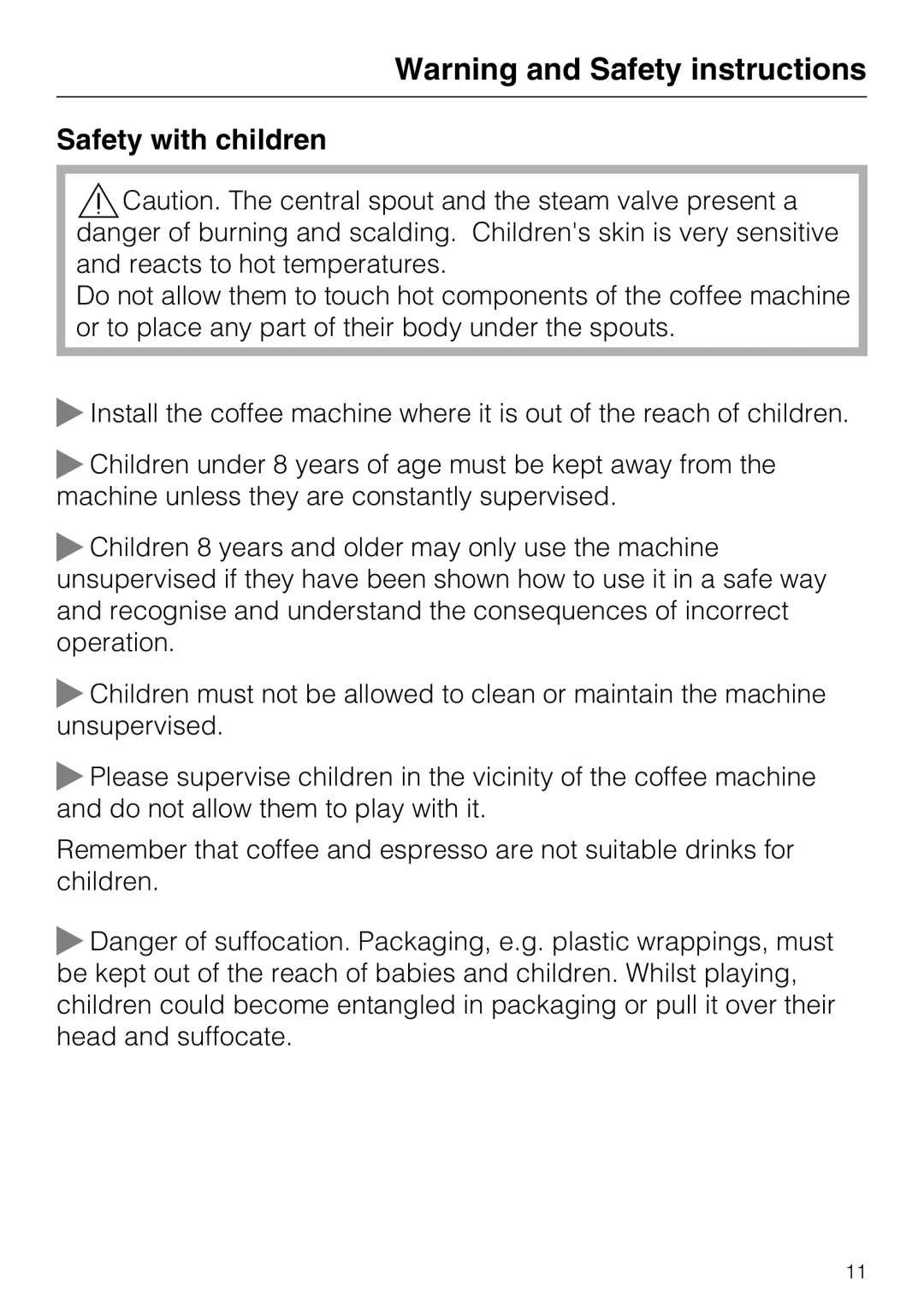 Miele CVA 6431 (C) installation instructions Safety with children, Warning and Safety instructions 