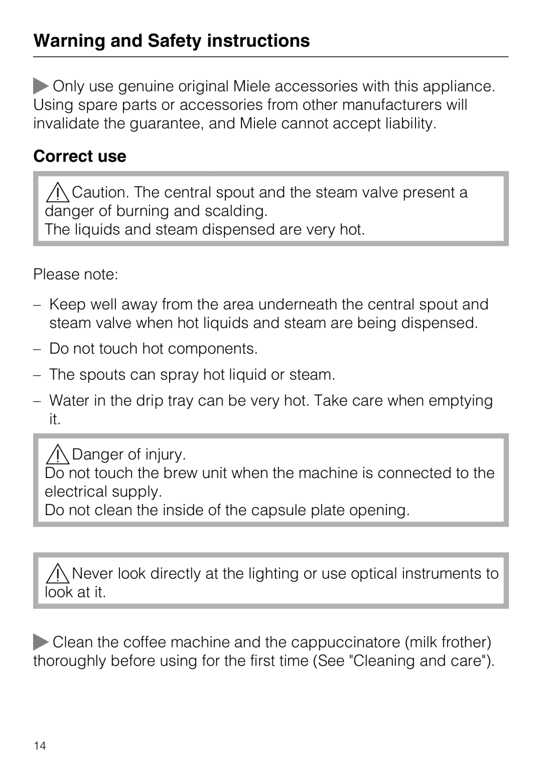 Miele CVA 6431 (C) installation instructions Correct use, Warning and Safety instructions 