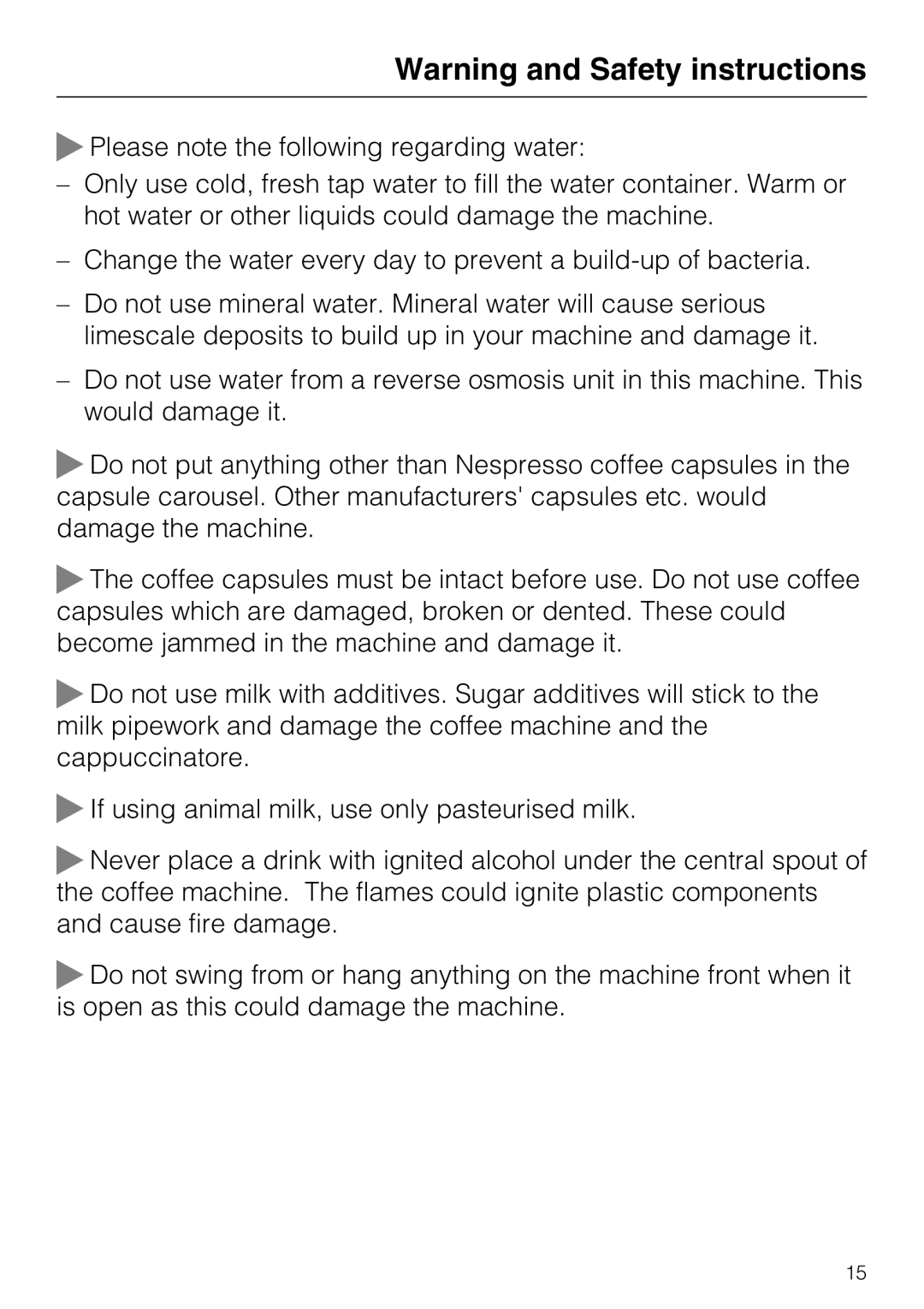 Miele CVA 6431 (C) installation instructions Warning and Safety instructions, ~Please note the following regarding water 