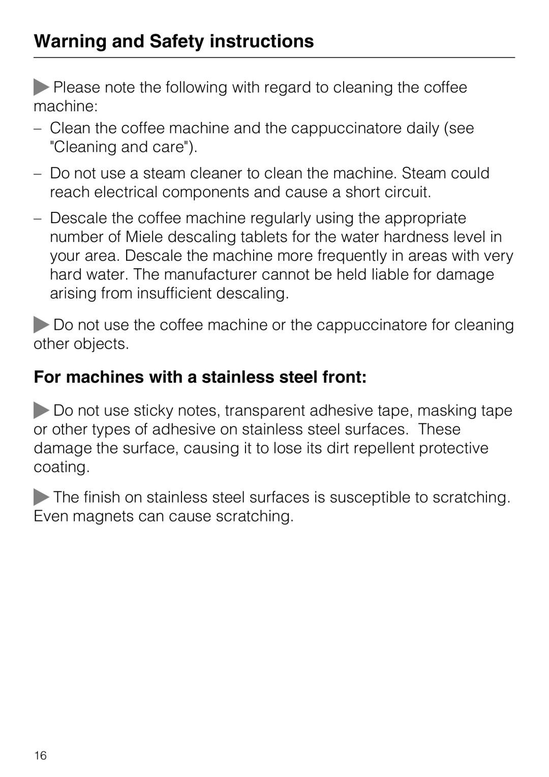 Miele CVA 6431 (C) installation instructions For machines with a stainless steel front, Warning and Safety instructions 