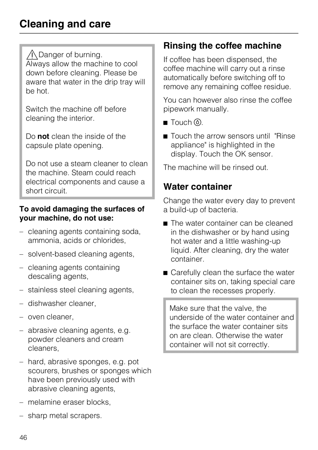 Miele CVA 6431 (C) installation instructions Rinsing the coffee machine, Water container, Cleaning and care 