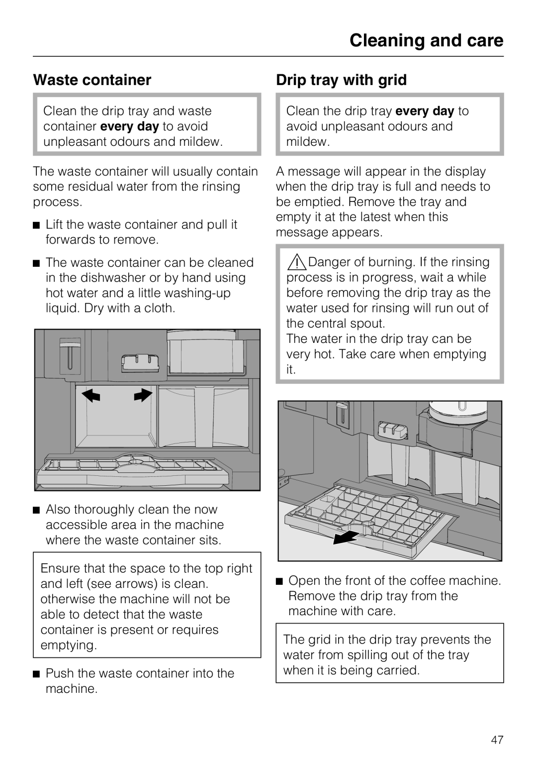 Miele CVA 6431 (C) installation instructions Waste container, Drip tray with grid, Cleaning and care 