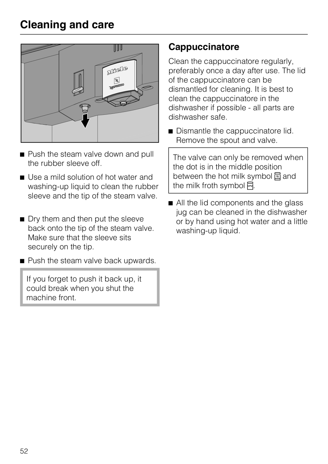 Miele CVA 6431 (C) installation instructions Cappuccinatore, Cleaning and care 