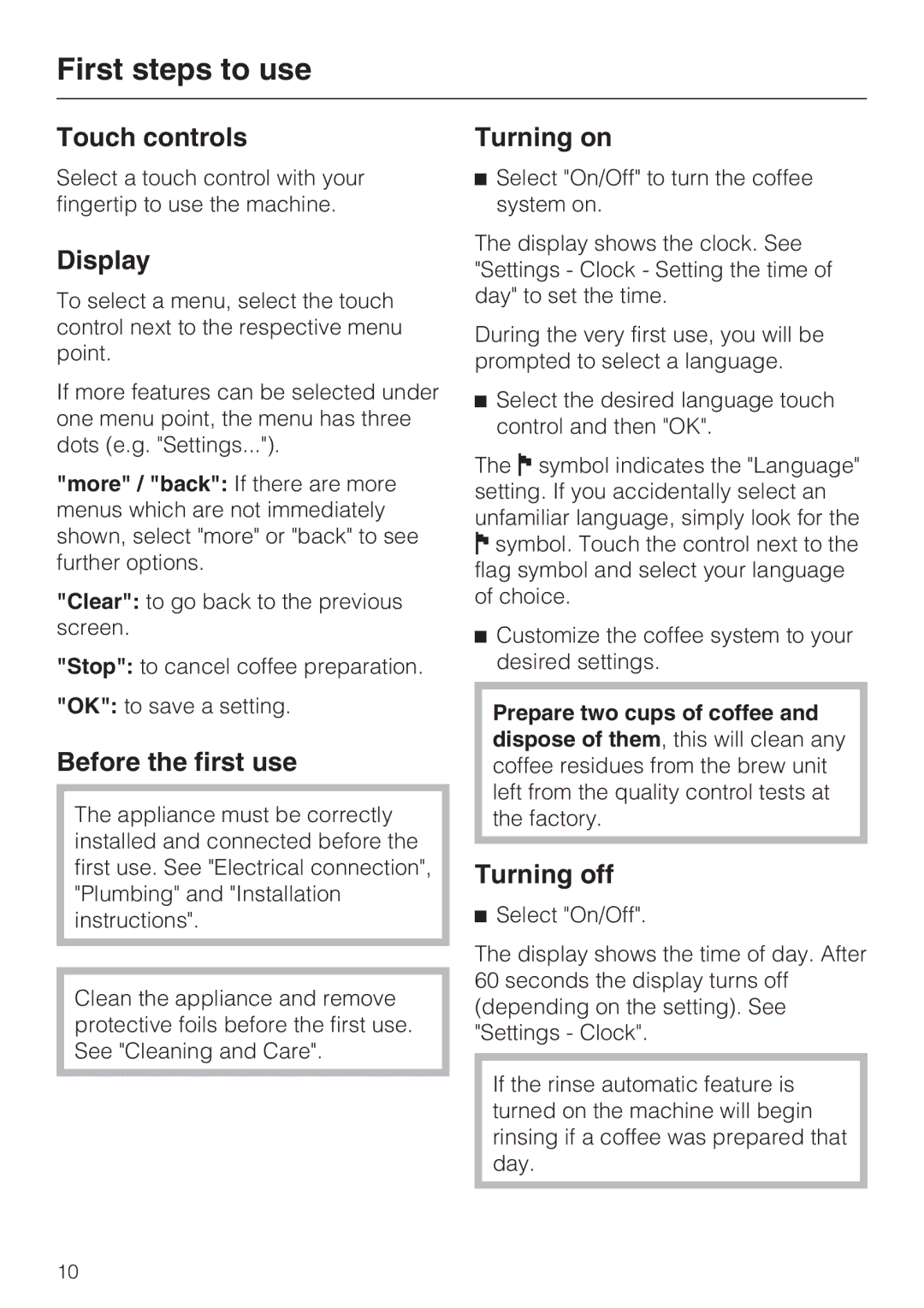 Miele CVA4075 installation instructions First steps to use 