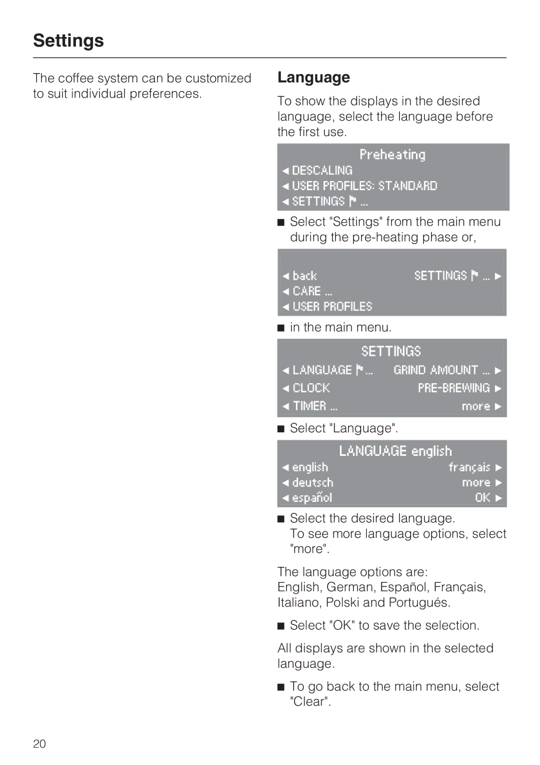 Miele CVA4075 installation instructions Settings, Language 