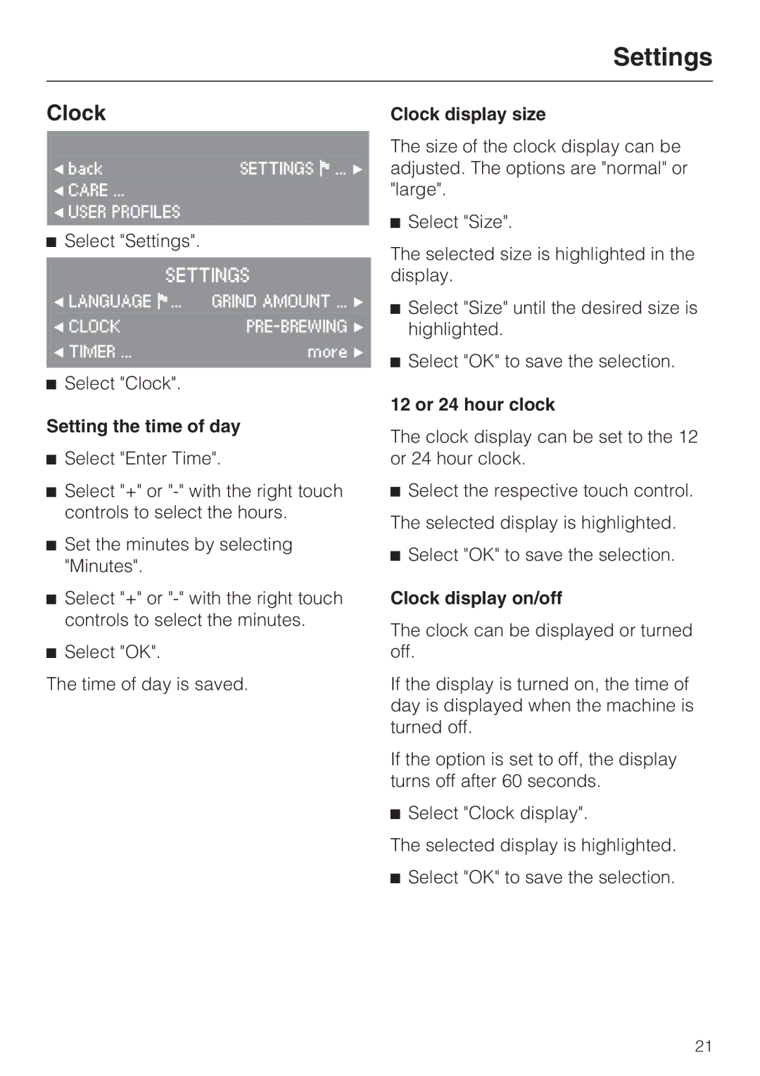 Miele CVA4075 Setting the time of day, Clock display size, 12 or 24 hour clock, Clock display on/off 