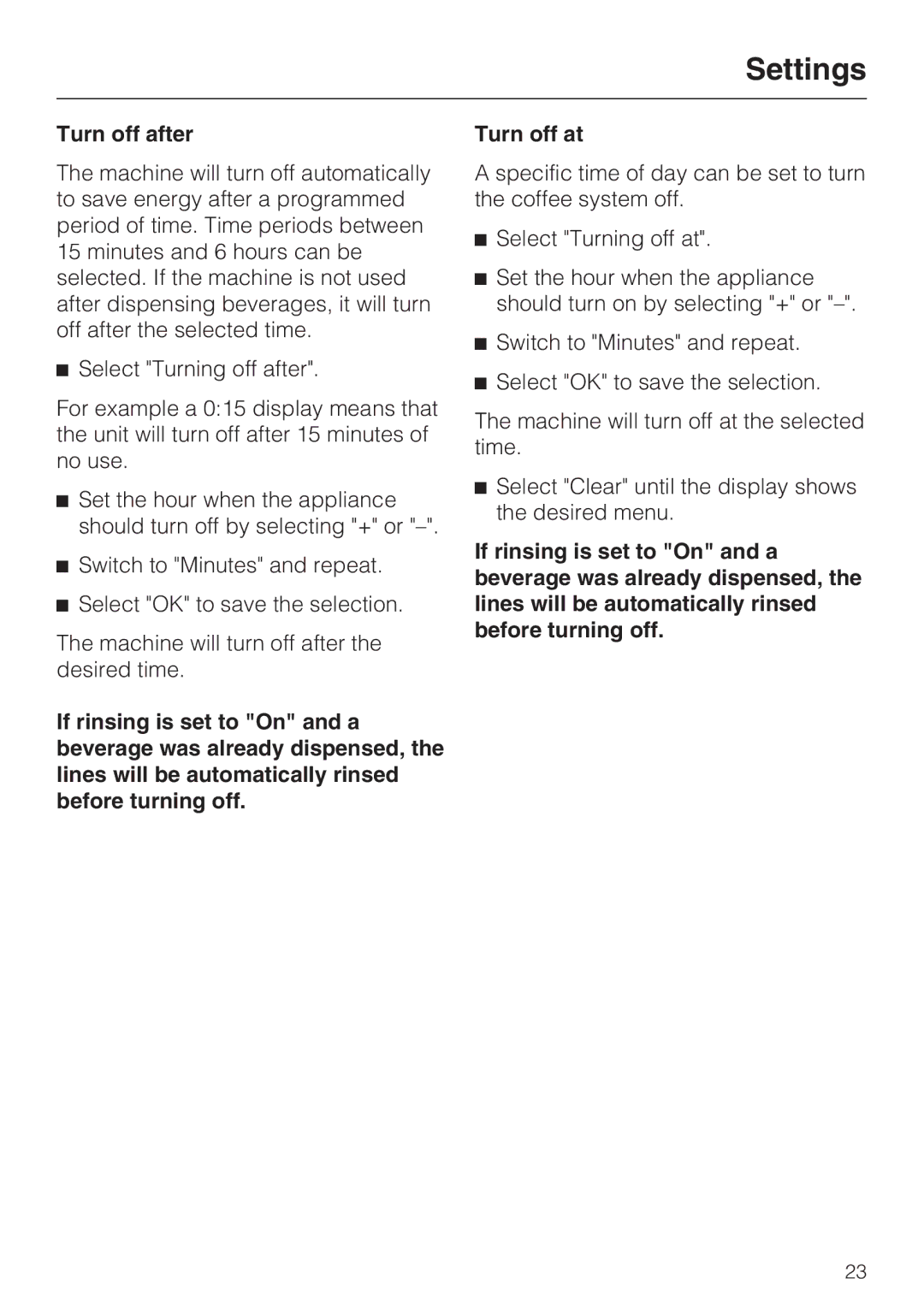 Miele CVA4075 installation instructions Turn off after 