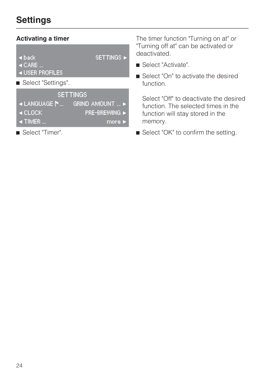 Miele CVA4075 installation instructions Activating a timer 