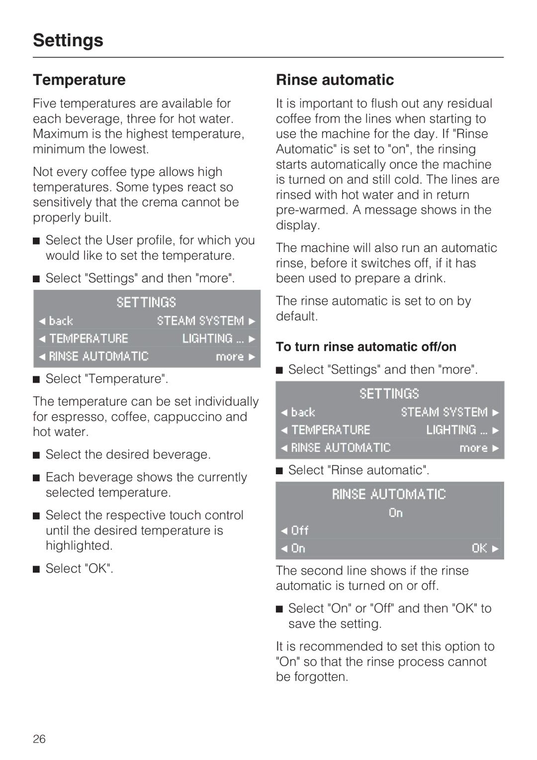 Miele CVA4075 installation instructions Temperature, Rinse automatic, To turn rinse automatic off/on 