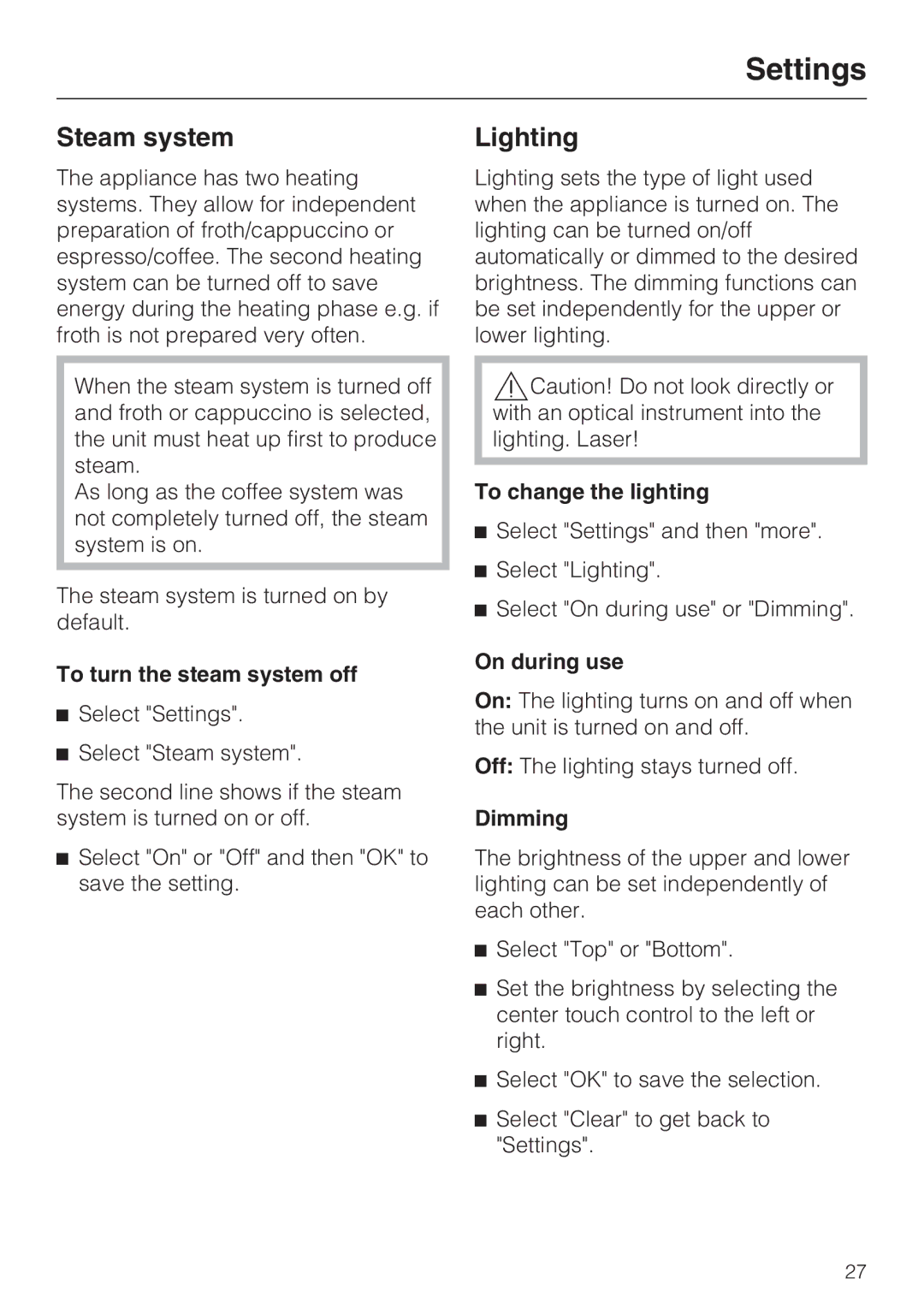 Miele CVA4075 installation instructions Steam system, Lighting 