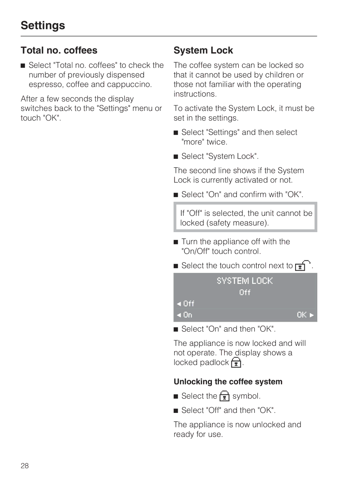 Miele CVA4075 installation instructions Total no. coffees, System Lock, Unlocking the coffee system 