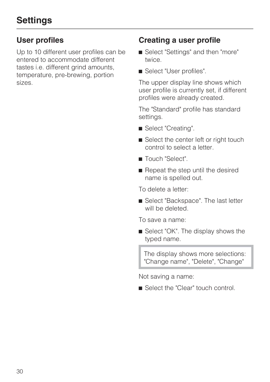 Miele CVA4075 installation instructions User profiles, Creating a user profile 