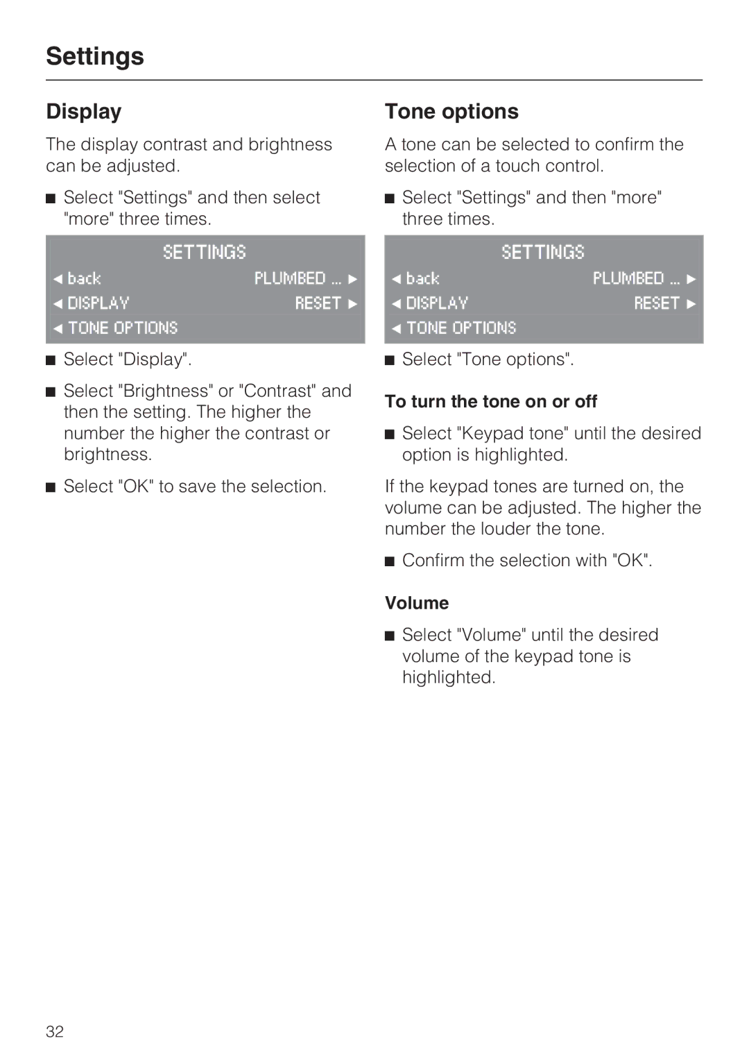 Miele CVA4075 installation instructions Tone options, To turn the tone on or off, Volume 