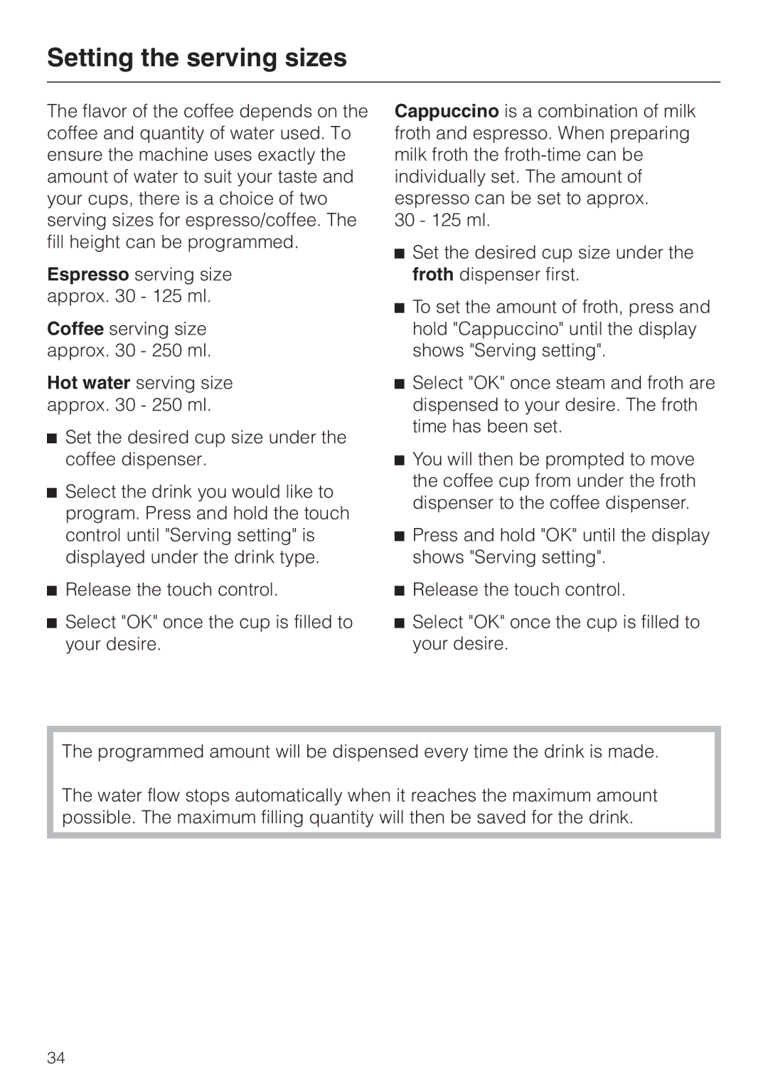 Miele CVA4075 installation instructions Setting the serving sizes 