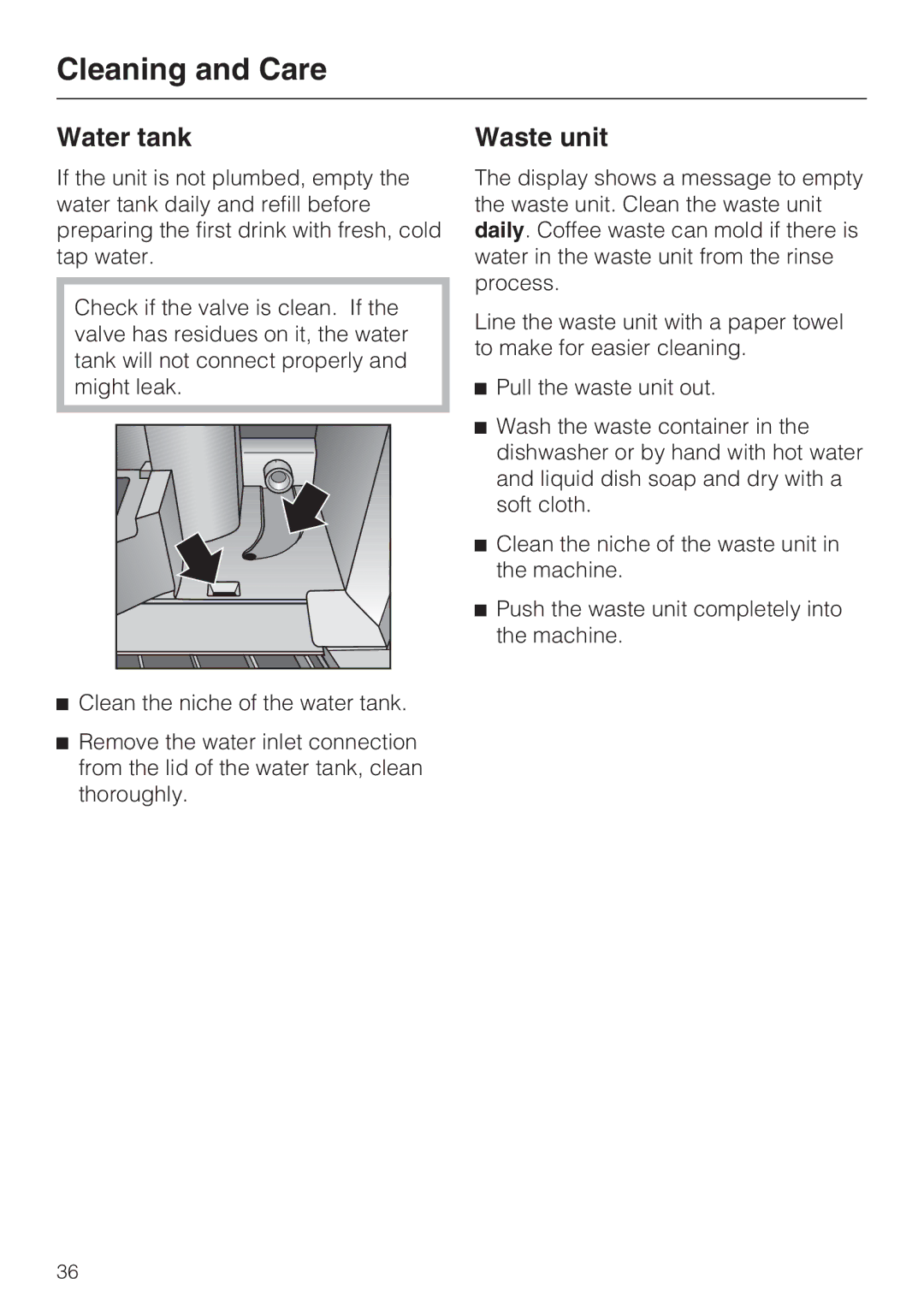 Miele CVA4075 installation instructions Water tank, Waste unit 