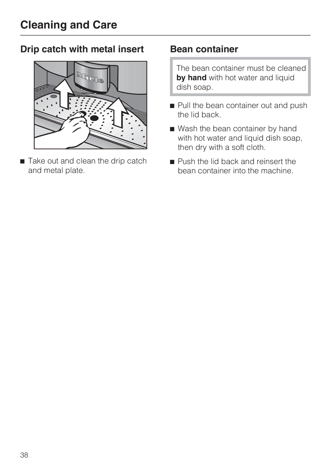 Miele CVA4075 installation instructions Drip catch with metal insert, Bean container 