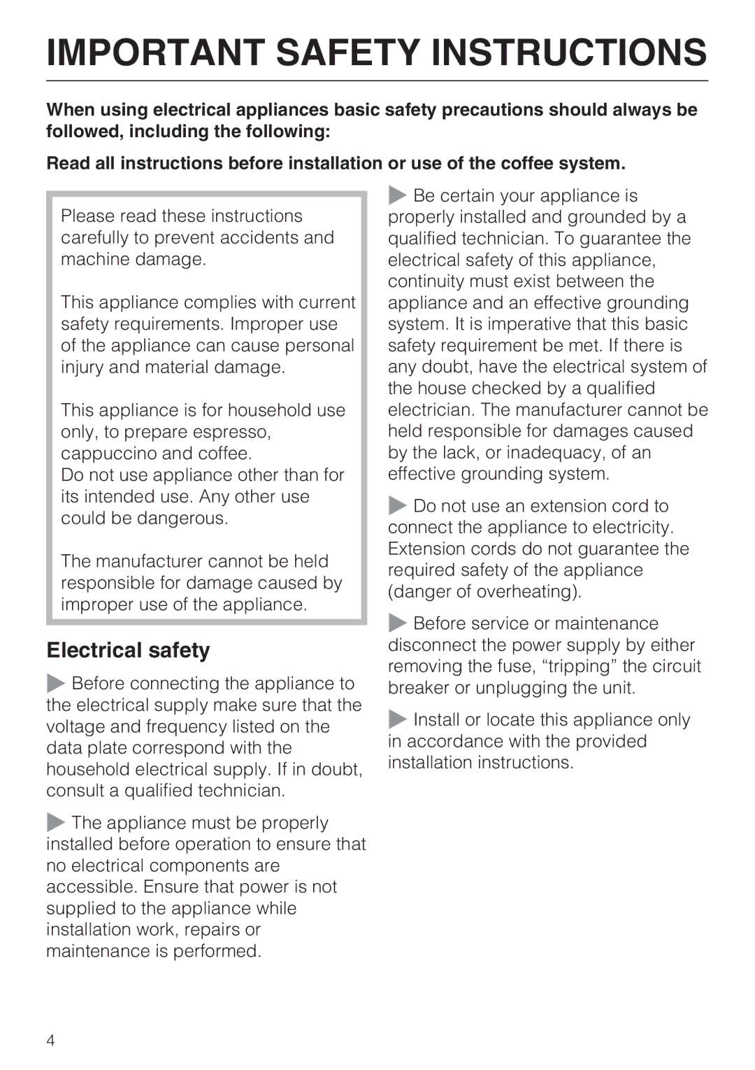 Miele CVA4075 installation instructions Important Safety Instructions, Electrical safety 