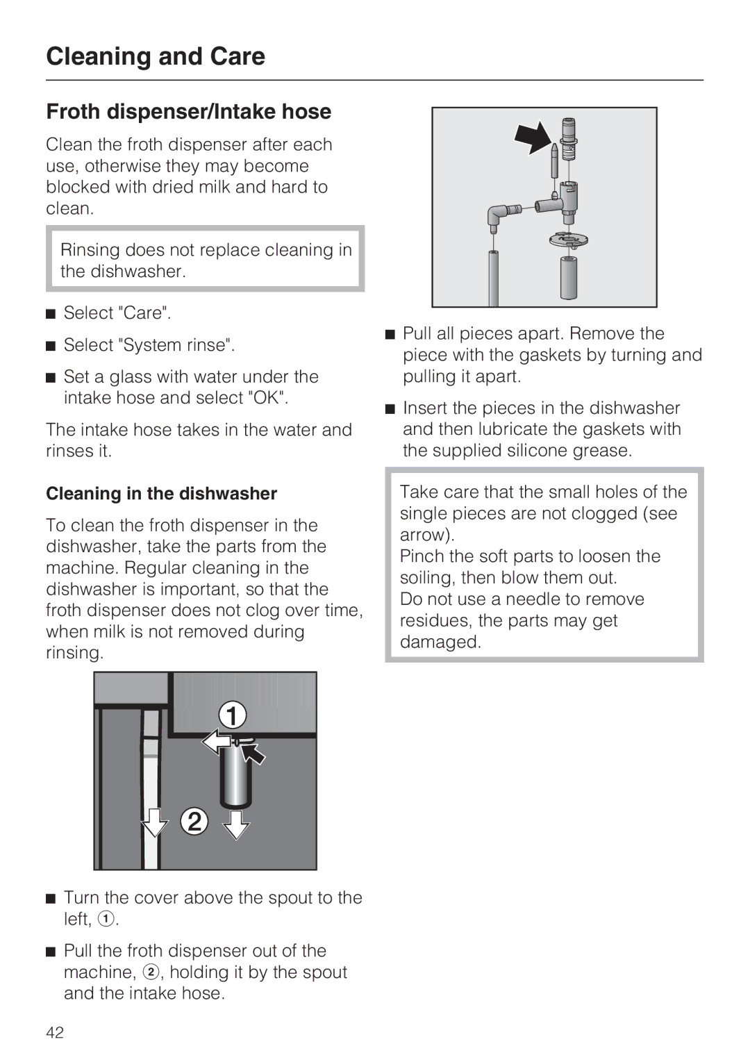 Miele CVA4075 installation instructions Froth dispenser/Intake hose, Cleaning in the dishwasher 