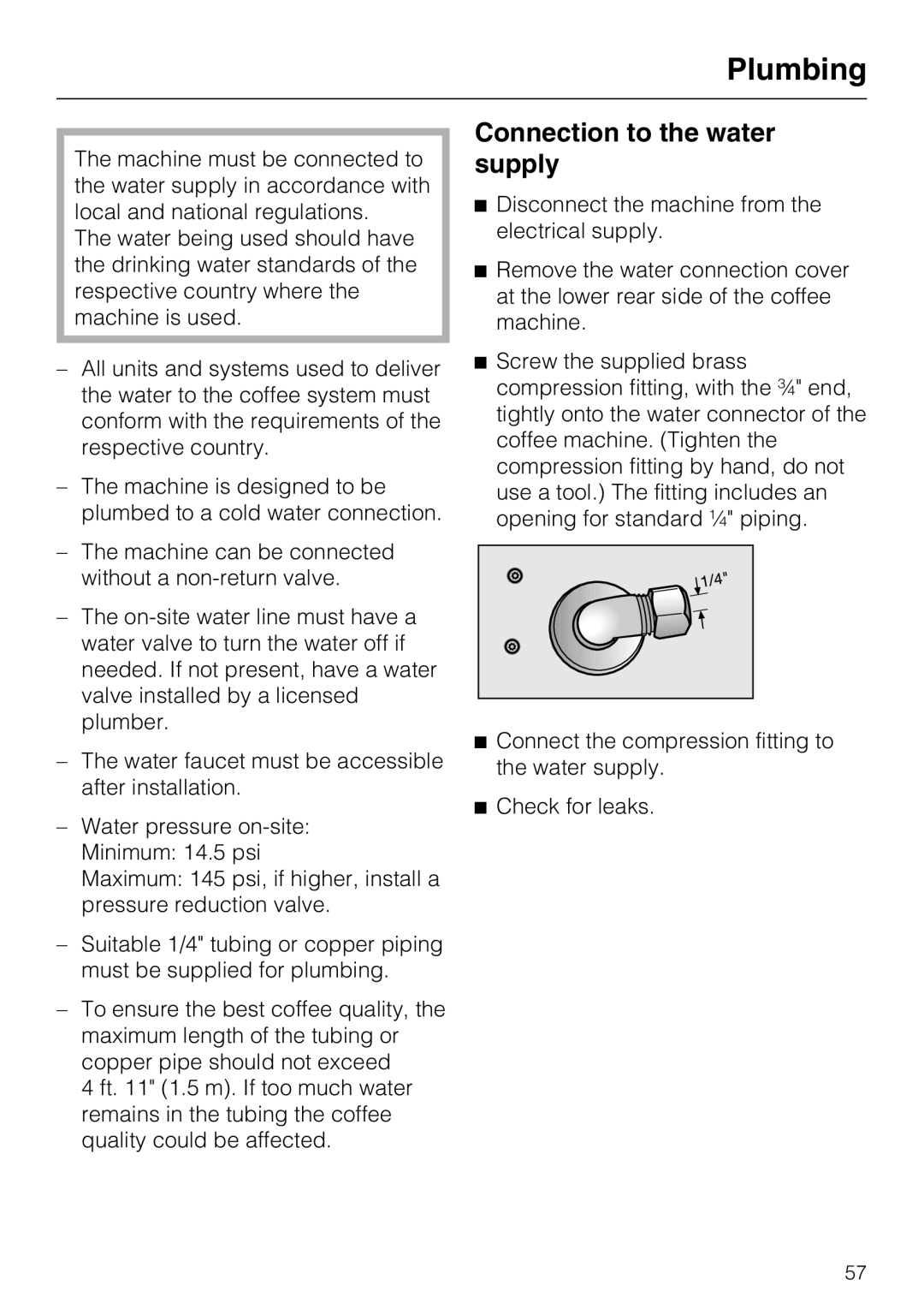 Miele CVA4075 installation instructions Plumbing, Connection to the water supply 