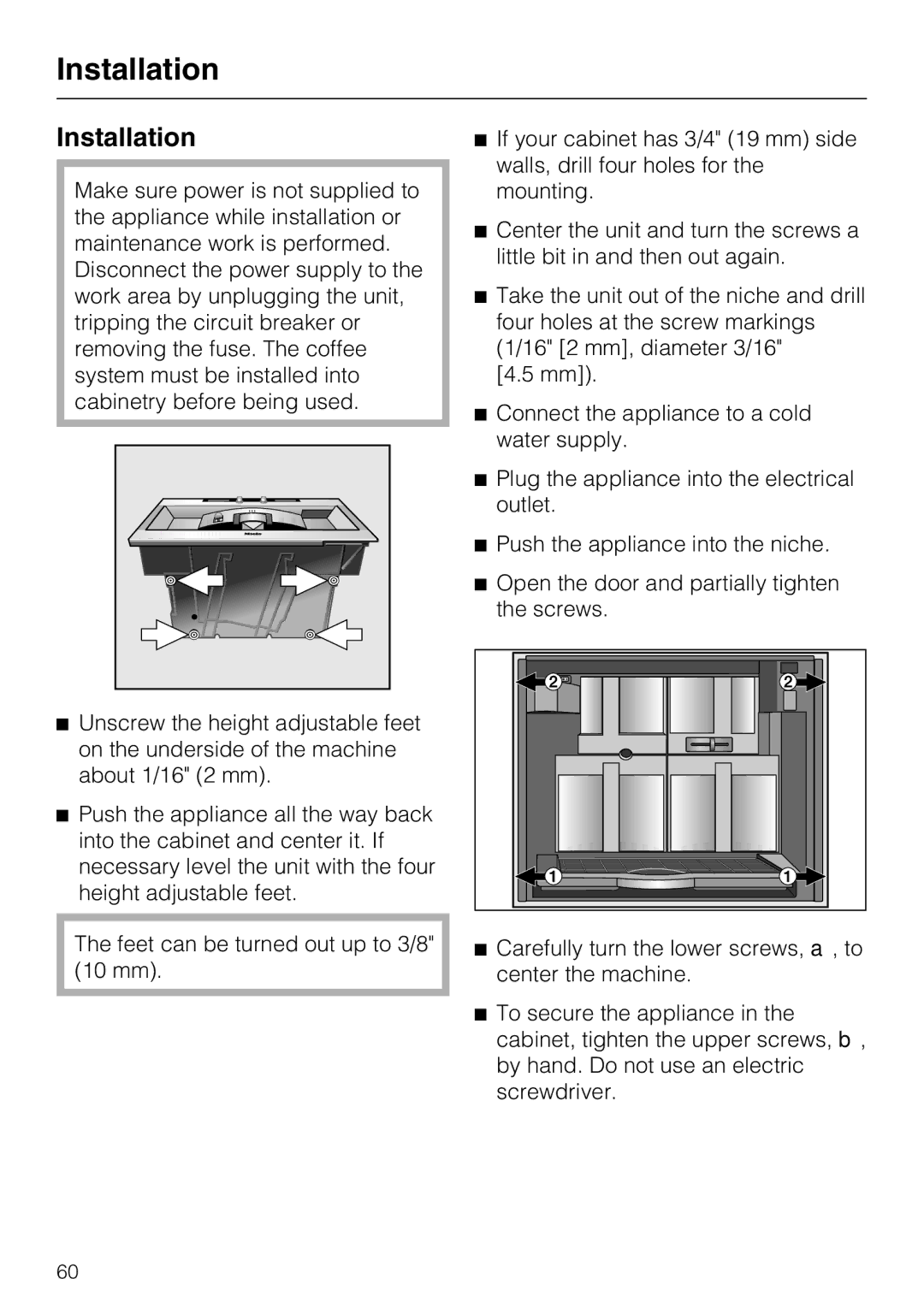 Miele CVA4075 installation instructions Installation 