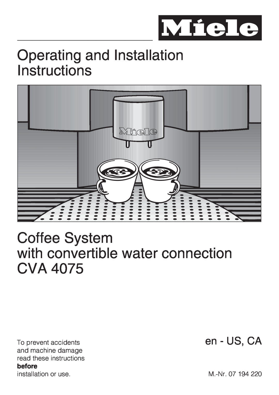 Miele CVA4075 installation instructions Operating and Installation Instructions, Coffee System, before, en - US, CA 