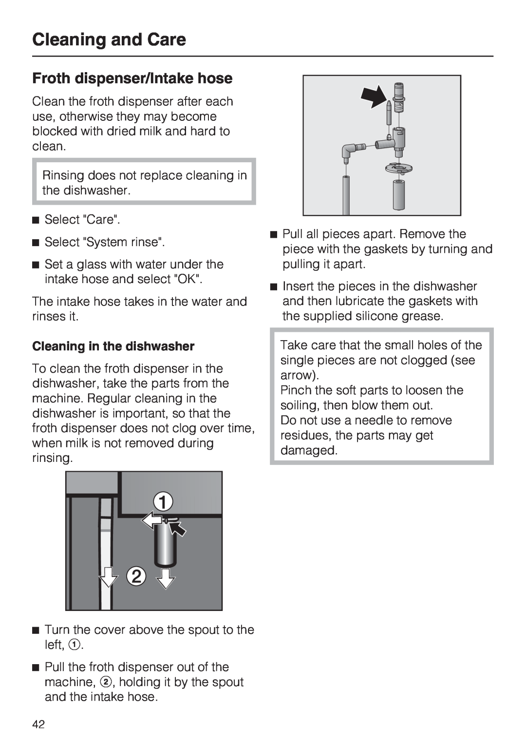 Miele CVA4075 installation instructions Froth dispenser/Intake hose, Cleaning in the dishwasher, Cleaning and Care 