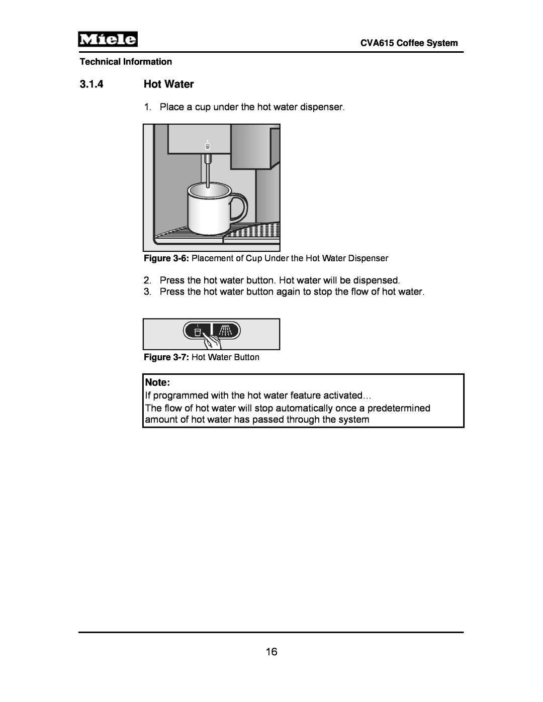 Miele CVA615 manual 3.1.4Hot Water 
