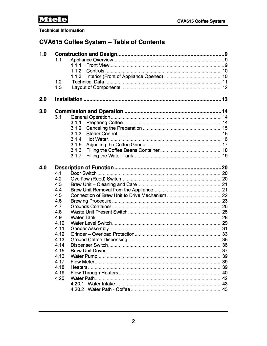 Miele manual CVA615 Coffee System – Table of Contents 