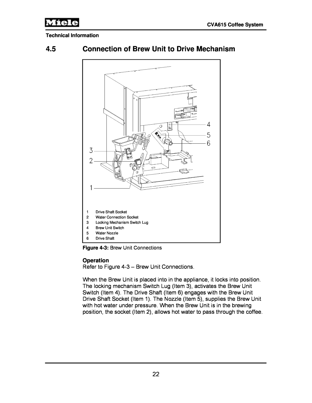 Miele CVA615 manual 4.5Connection of Brew Unit to Drive Mechanism, Operation 
