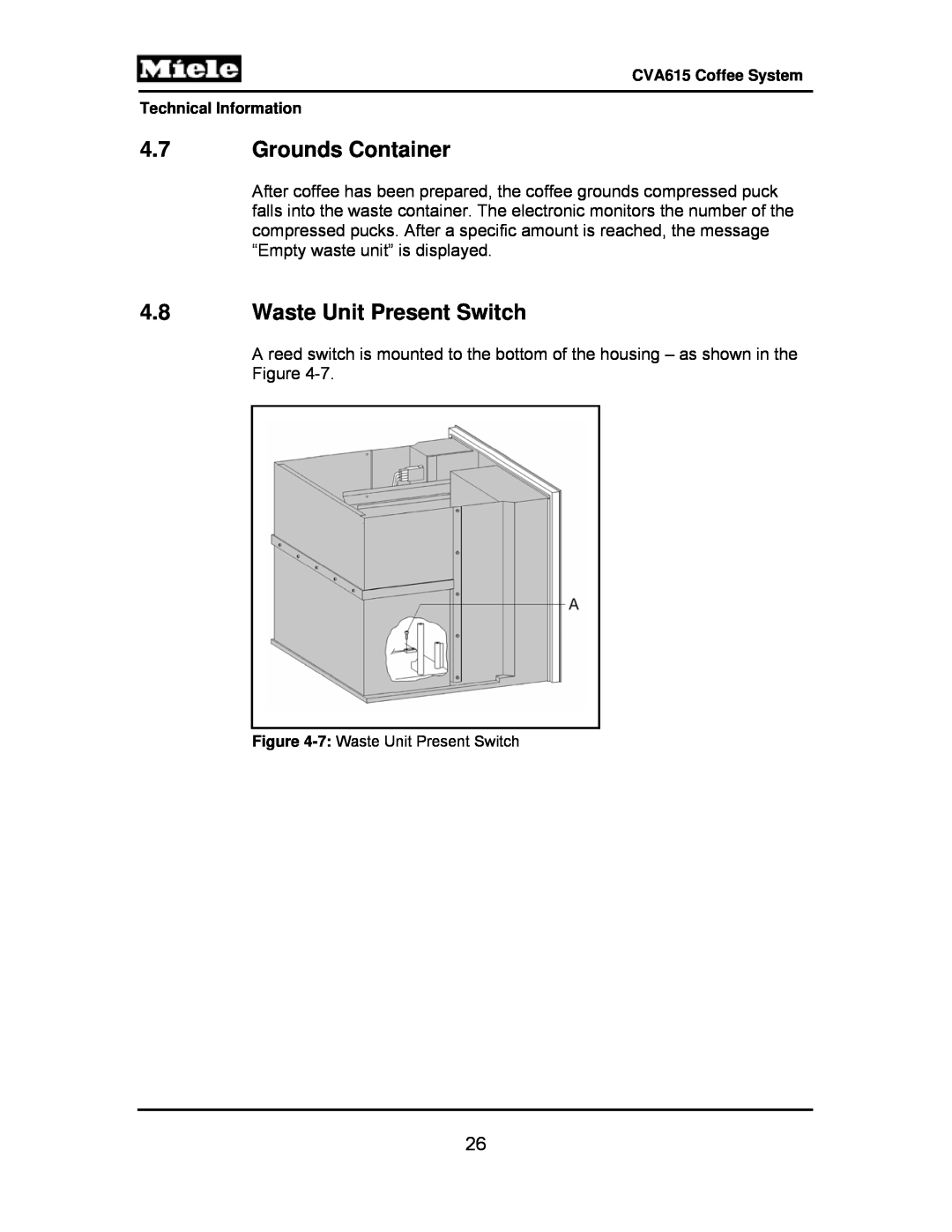 Miele CVA615 manual 4.7Grounds Container, 4.8Waste Unit Present Switch, 7: Waste Unit Present Switch 