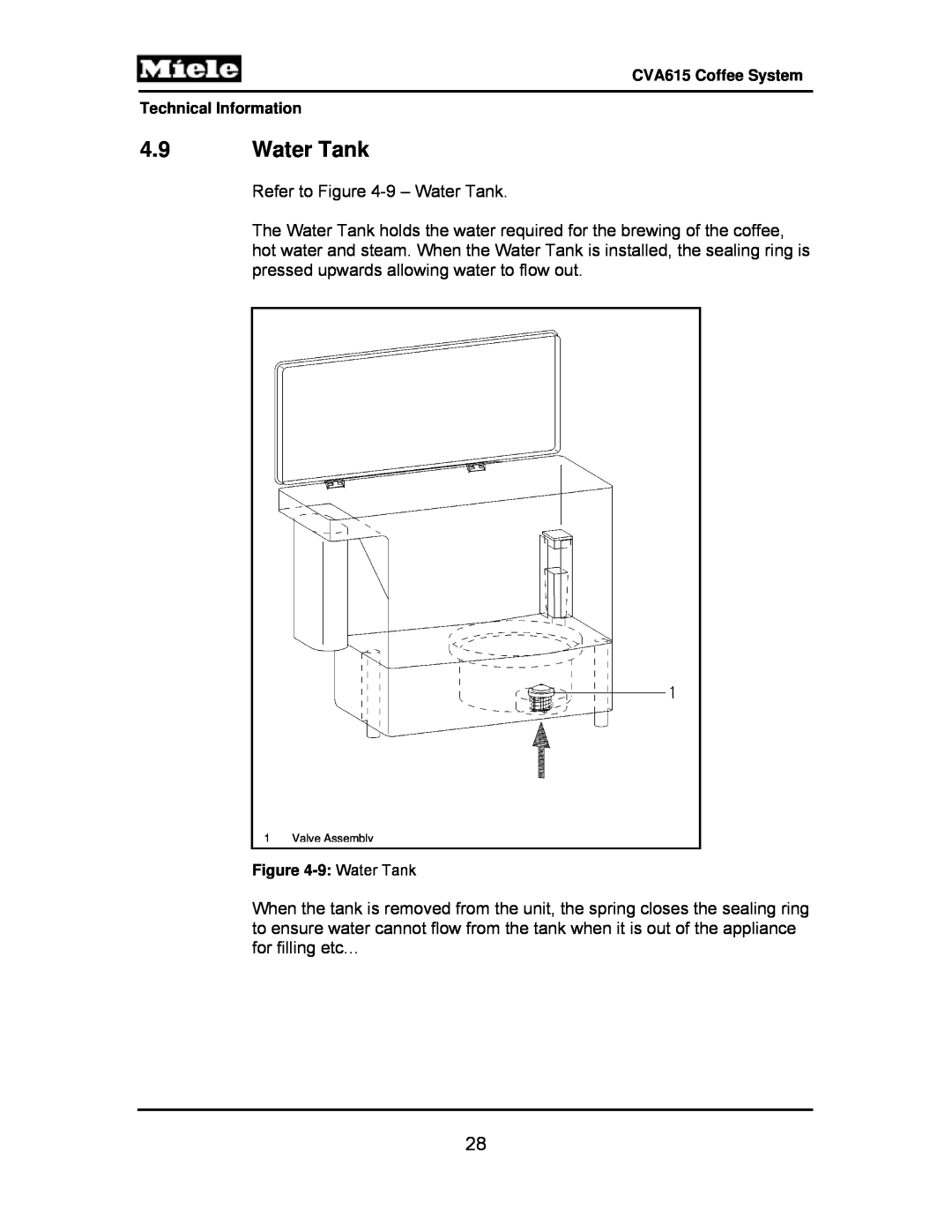 Miele CVA615 manual 4.9Water Tank 