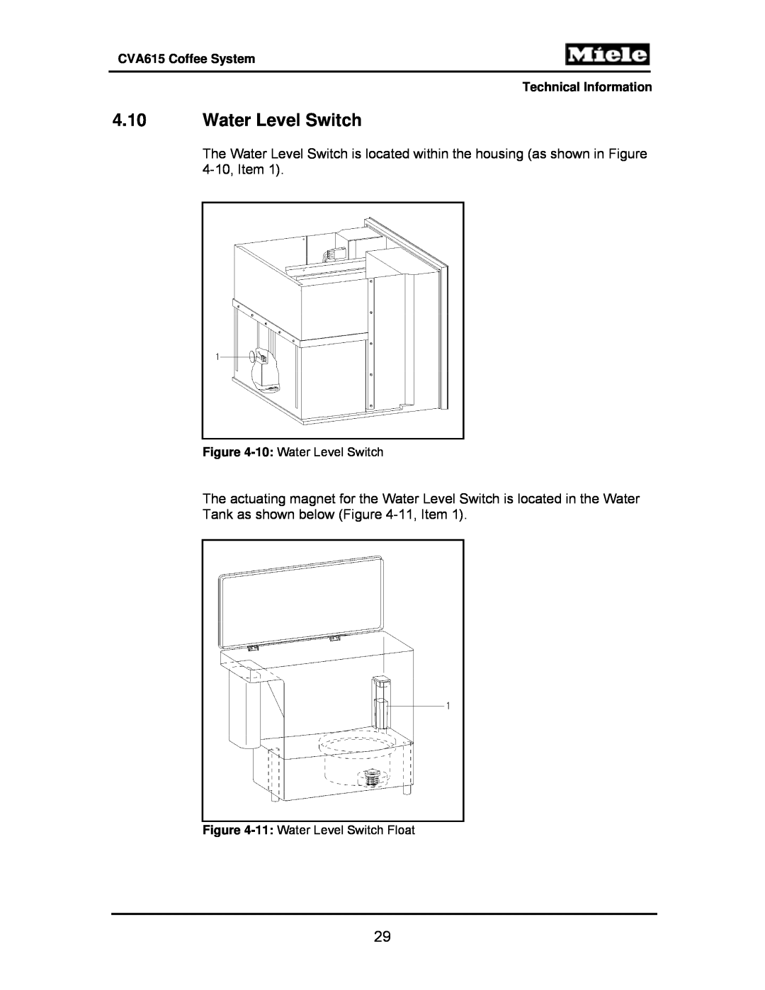 Miele CVA615 manual 4.10Water Level Switch, 10: Water Level Switch, 11: Water Level Switch Float 