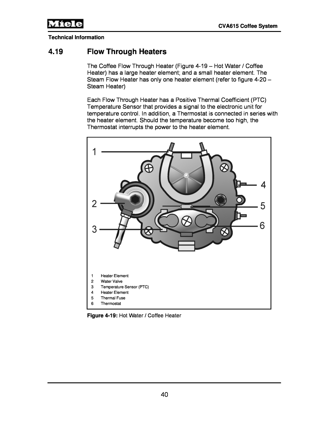 Miele CVA615 manual 4.19Flow Through Heaters, 19: Hot Water / Coffee Heater 