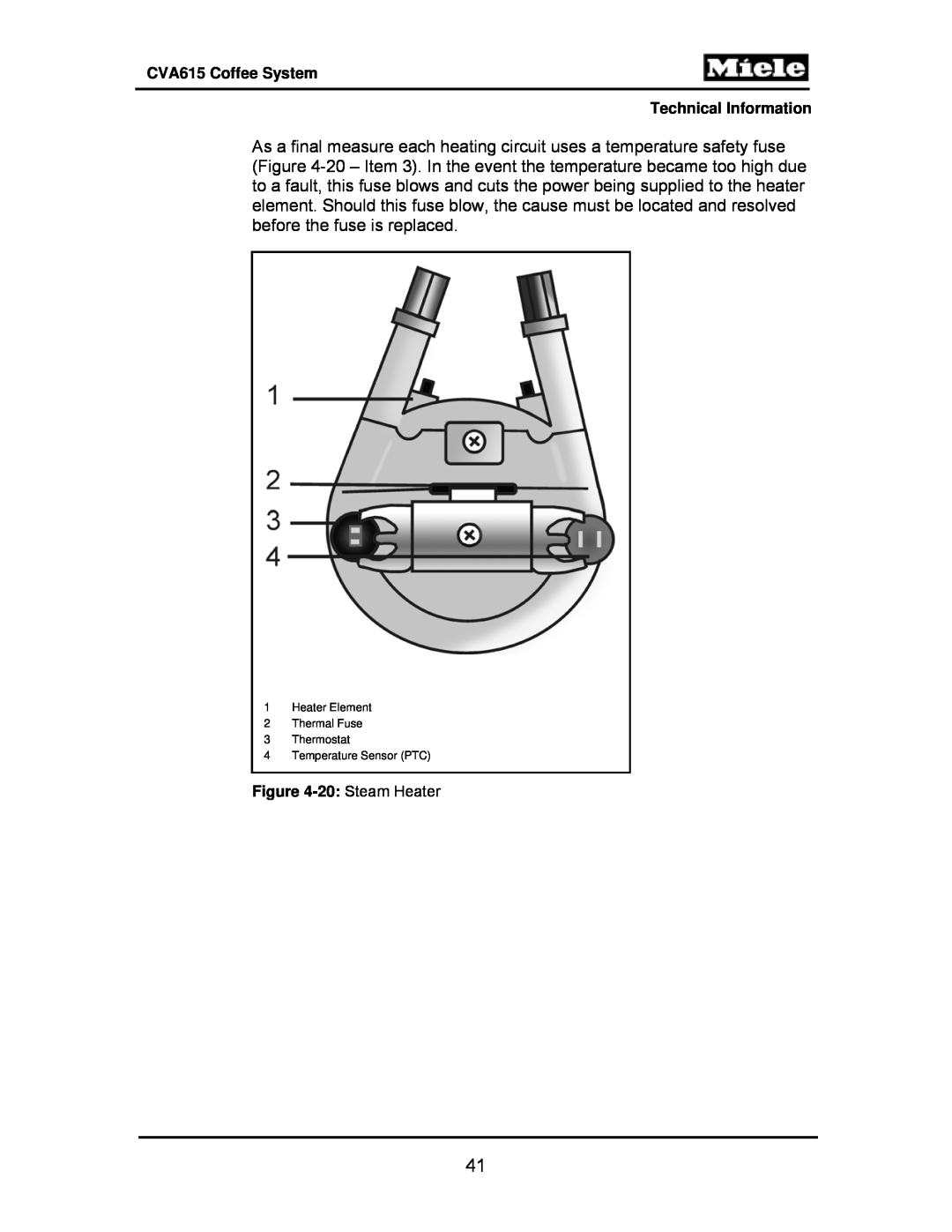 Miele manual CVA615 Coffee System Technical Information, 20: Steam Heater, 1Heater Element 2Thermal Fuse 3Thermostat 