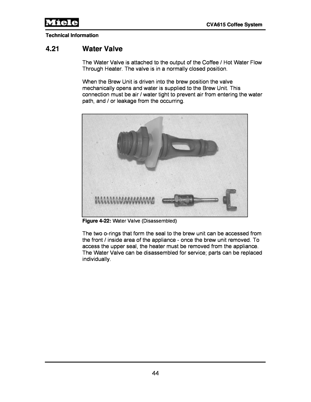 Miele CVA615 manual 4.21Water Valve, 22: Water Valve Disassembled 