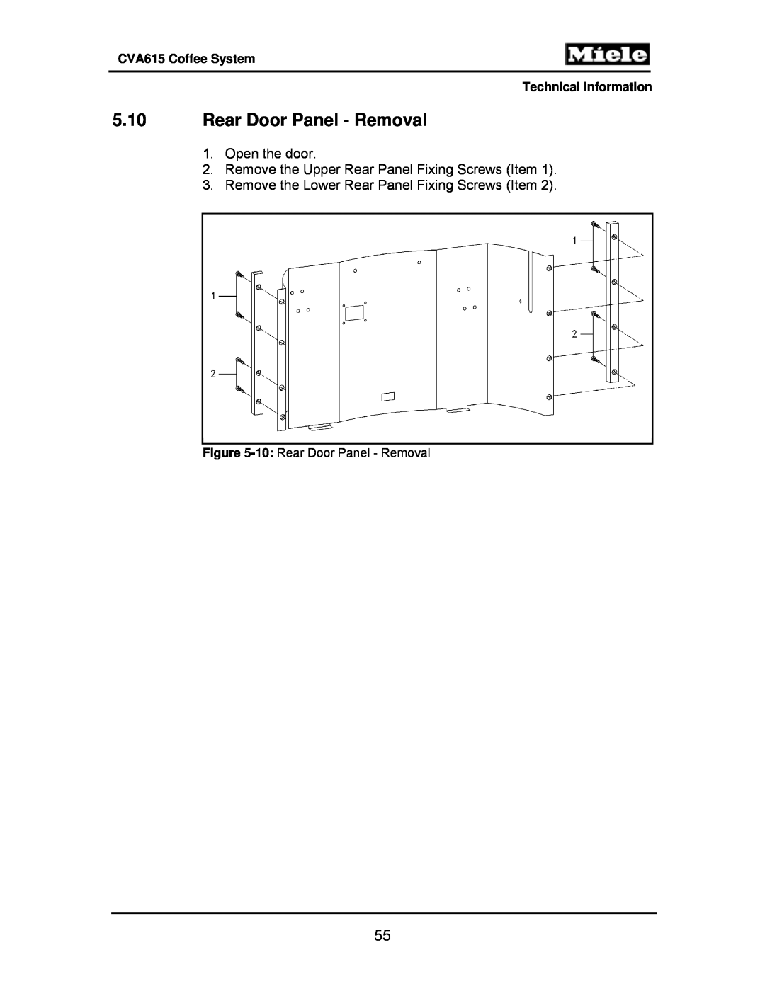 Miele CVA615 manual 5.10Rear Door Panel - Removal, Open the door, Remove the Upper Rear Panel Fixing Screws Item 