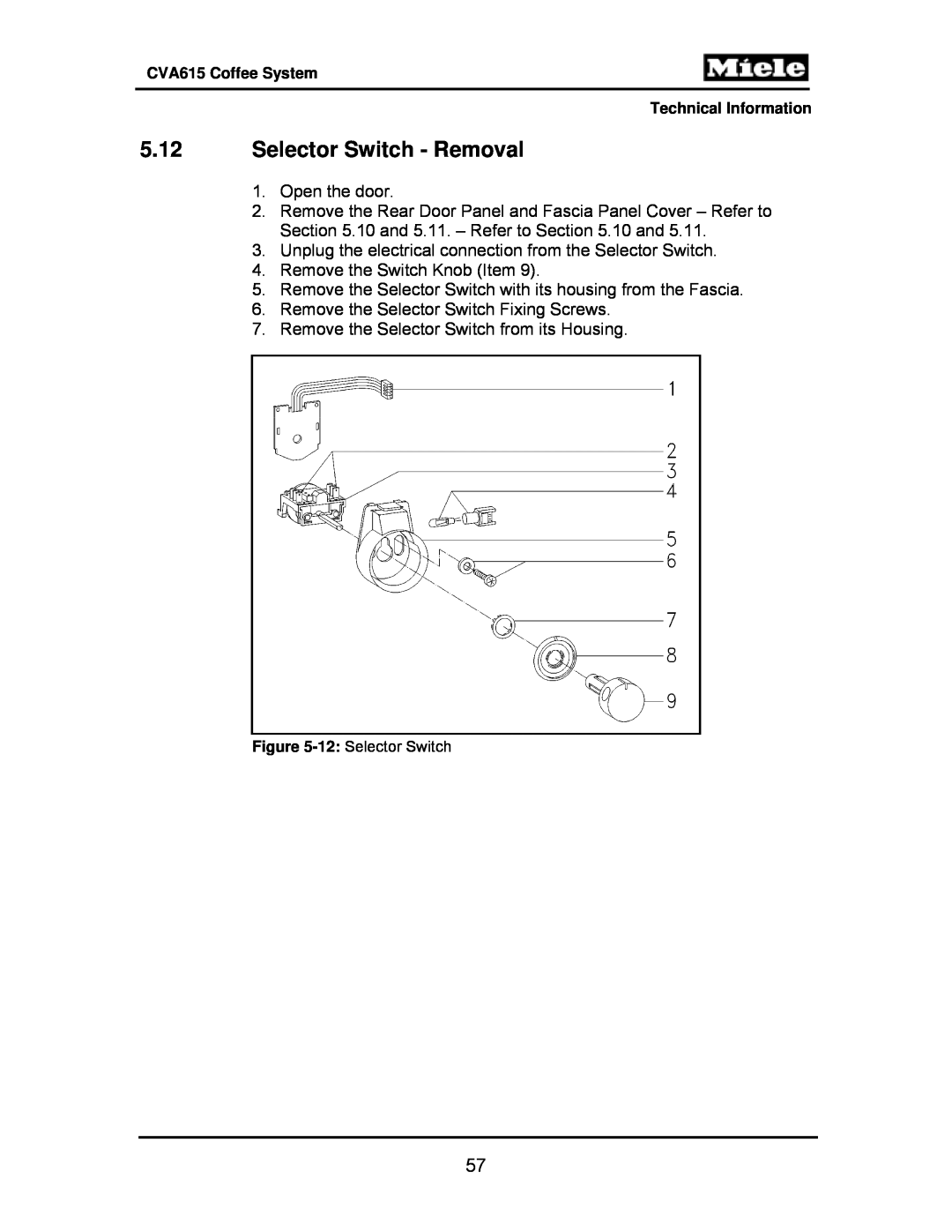 Miele CVA615 manual 5.12Selector Switch - Removal 