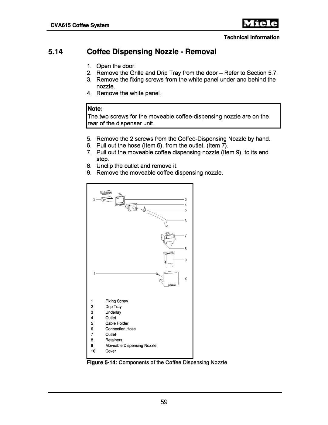 Miele CVA615 manual 5.14Coffee Dispensing Nozzle - Removal 