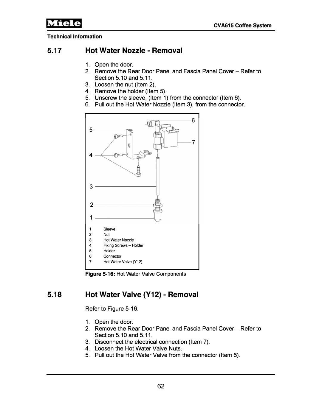 Miele CVA615 manual 5.17Hot Water Nozzle - Removal, 5.18Hot Water Valve Y12 - Removal 
