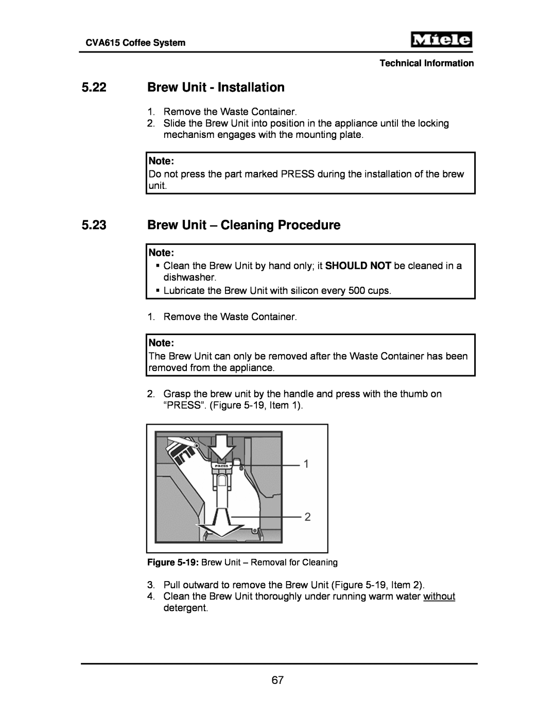 Miele CVA615 manual 5.22Brew Unit - Installation, 5.23Brew Unit – Cleaning Procedure 