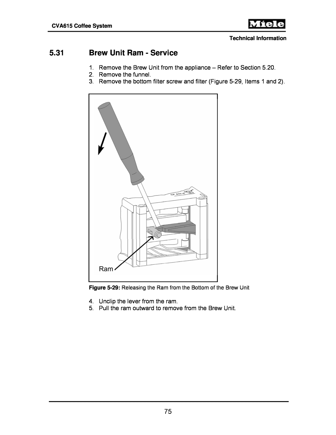 Miele CVA615 manual 5.31Brew Unit Ram - Service 