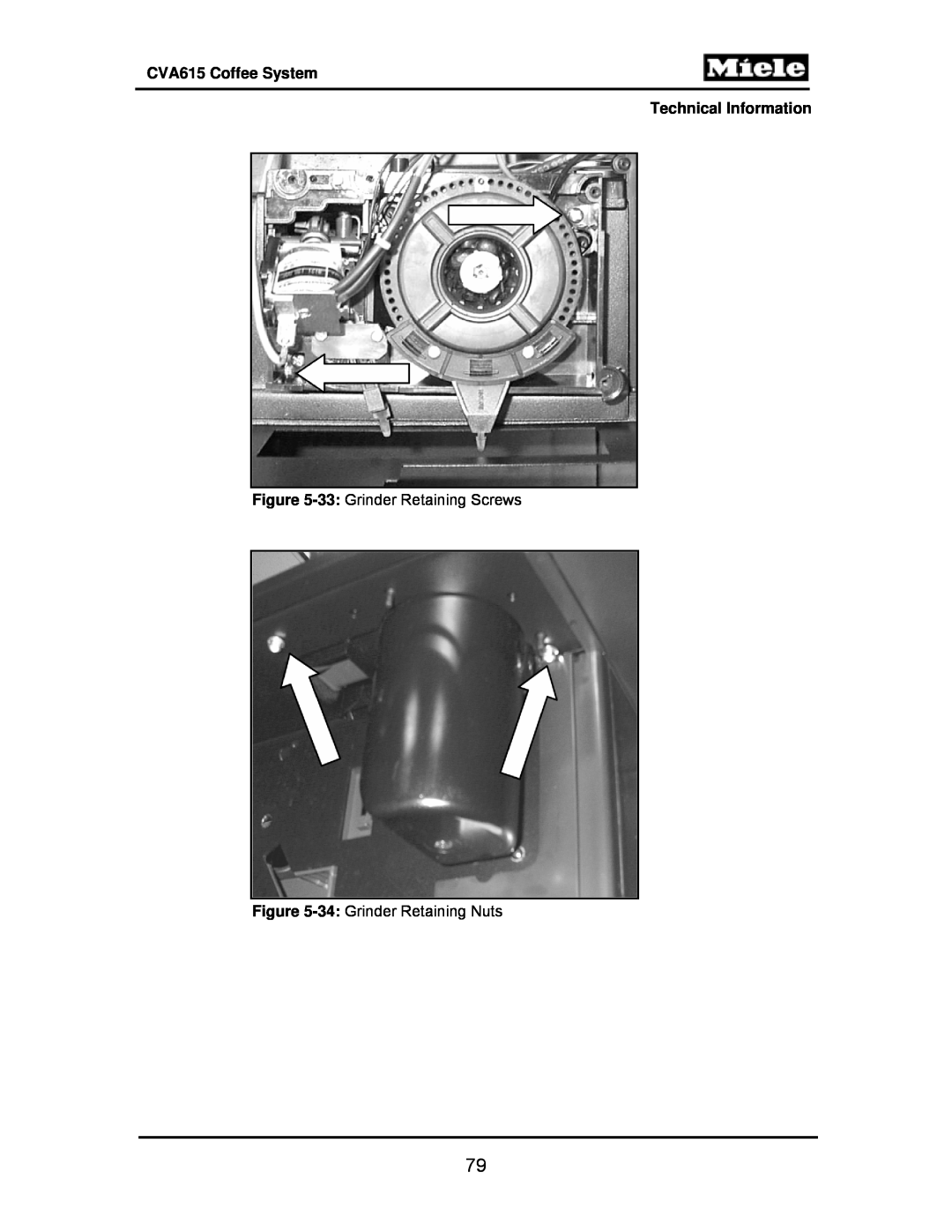 Miele manual CVA615 Coffee System Technical Information, 33: Grinder Retaining Screws, 34: Grinder Retaining Nuts 
