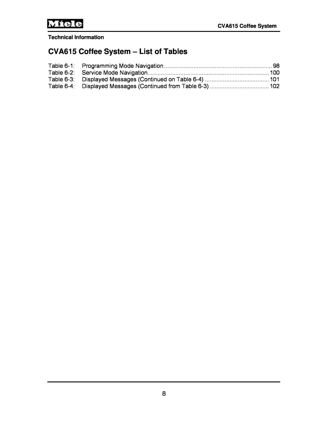 Miele manual CVA615 Coffee System – List of Tables, Technical Information, 2:Service Mode Navigation 