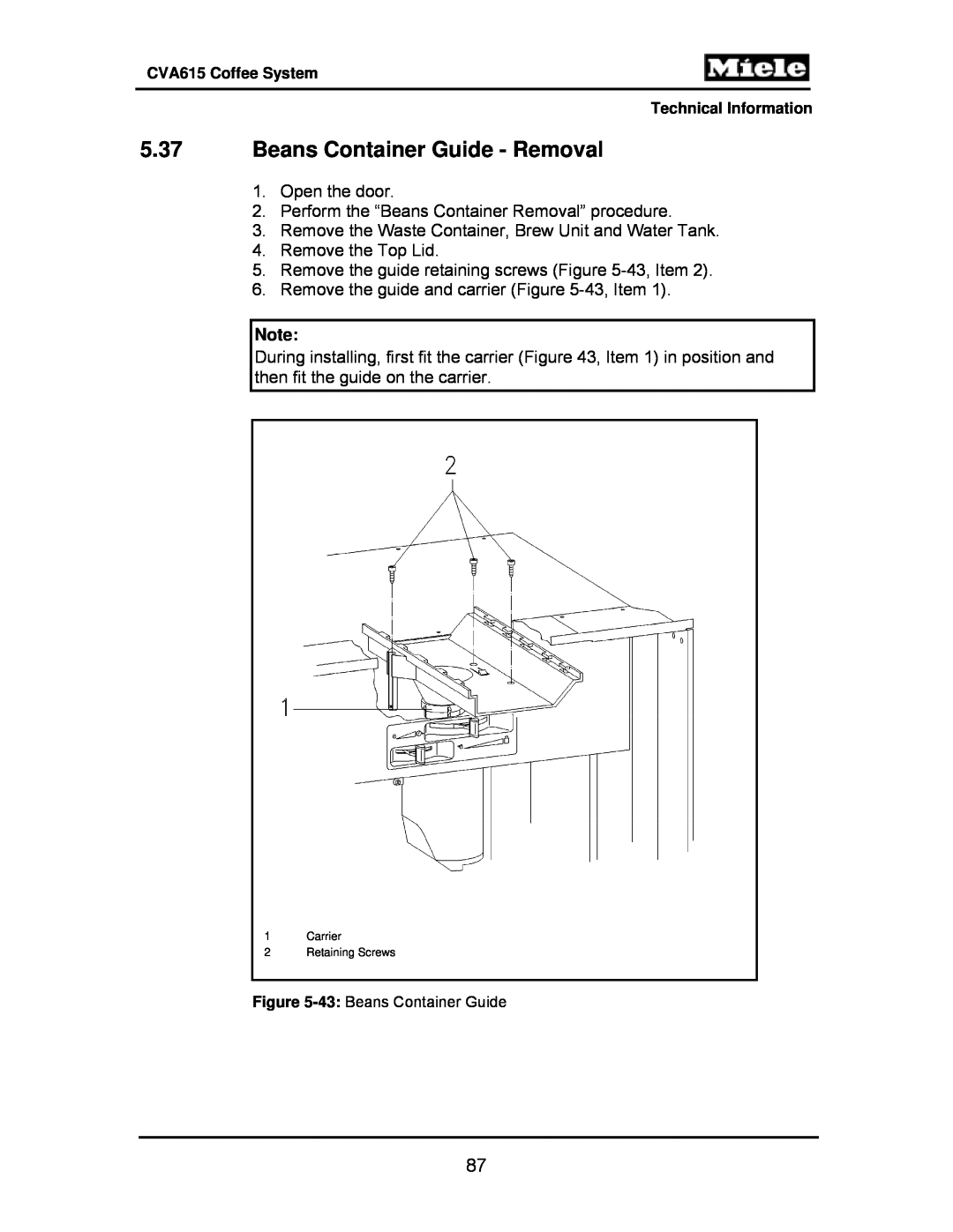 Miele CVA615 manual 5.37Beans Container Guide - Removal 