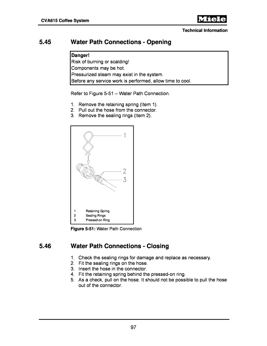 Miele CVA615 manual 5.45Water Path Connections - Opening, 5.46Water Path Connections - Closing 