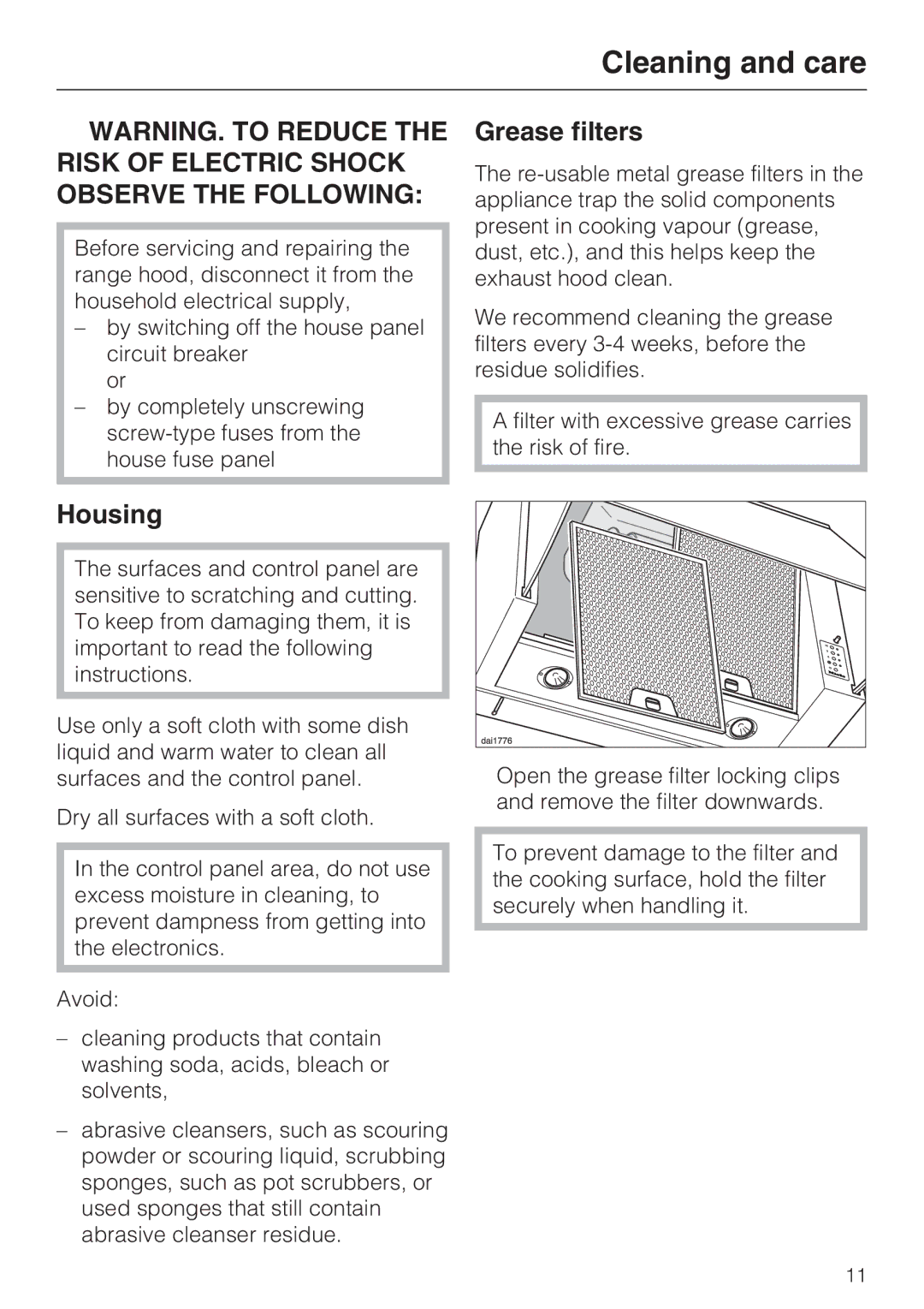 Miele DA 189, DA 186, DA 188 installation instructions Cleaning and care, Grease filters, Housing 