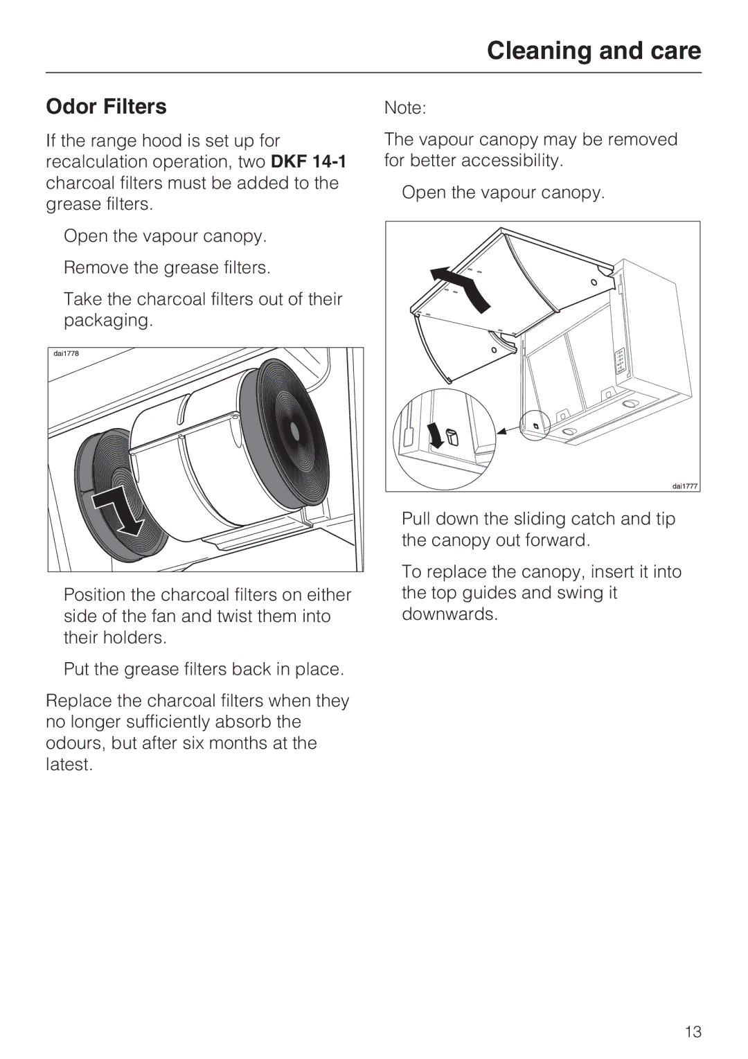 Miele DA 188, DA 186, DA 189 installation instructions Odor Filters 