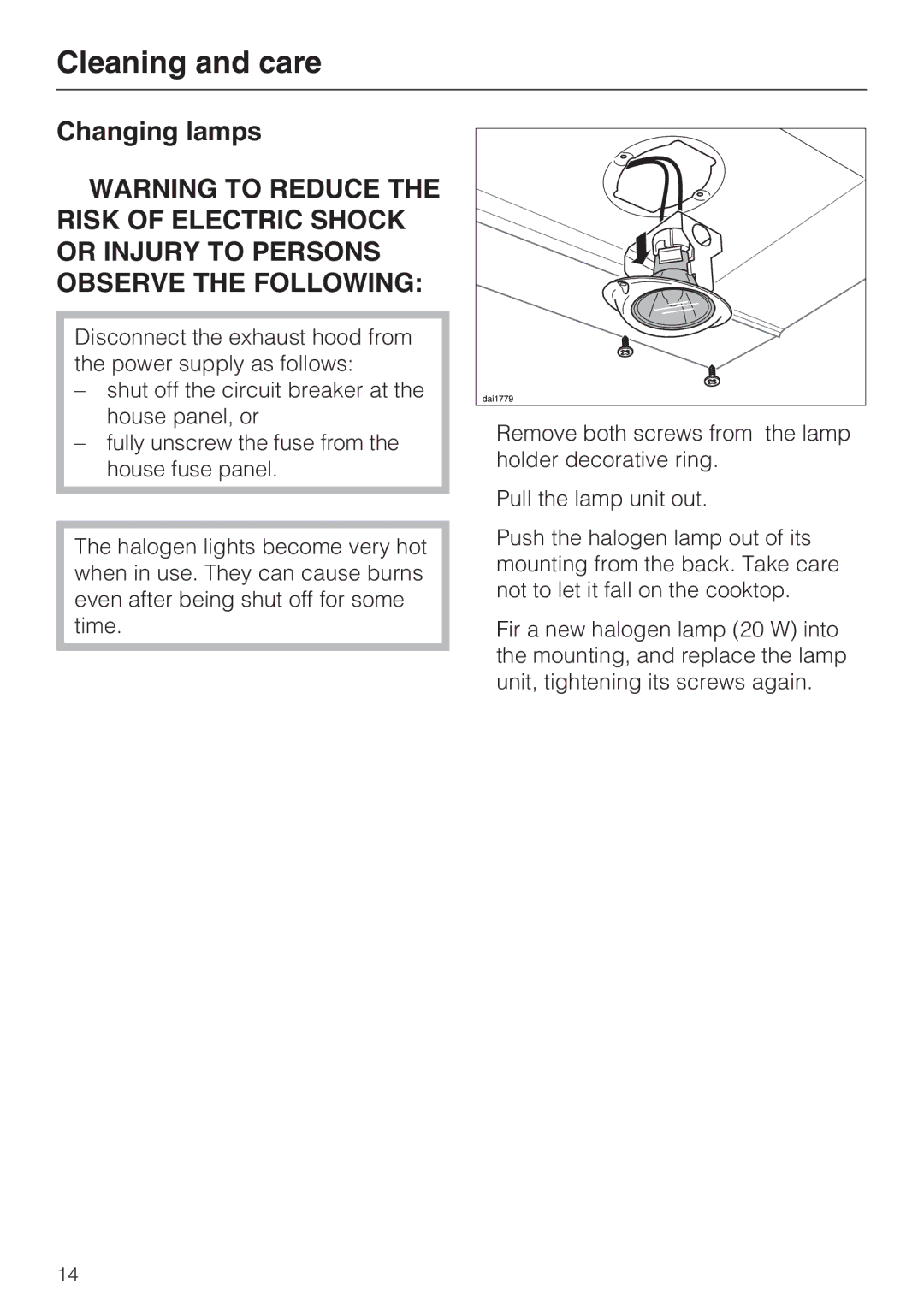 Miele DA 189, DA 186, DA 188 installation instructions Changing lamps 