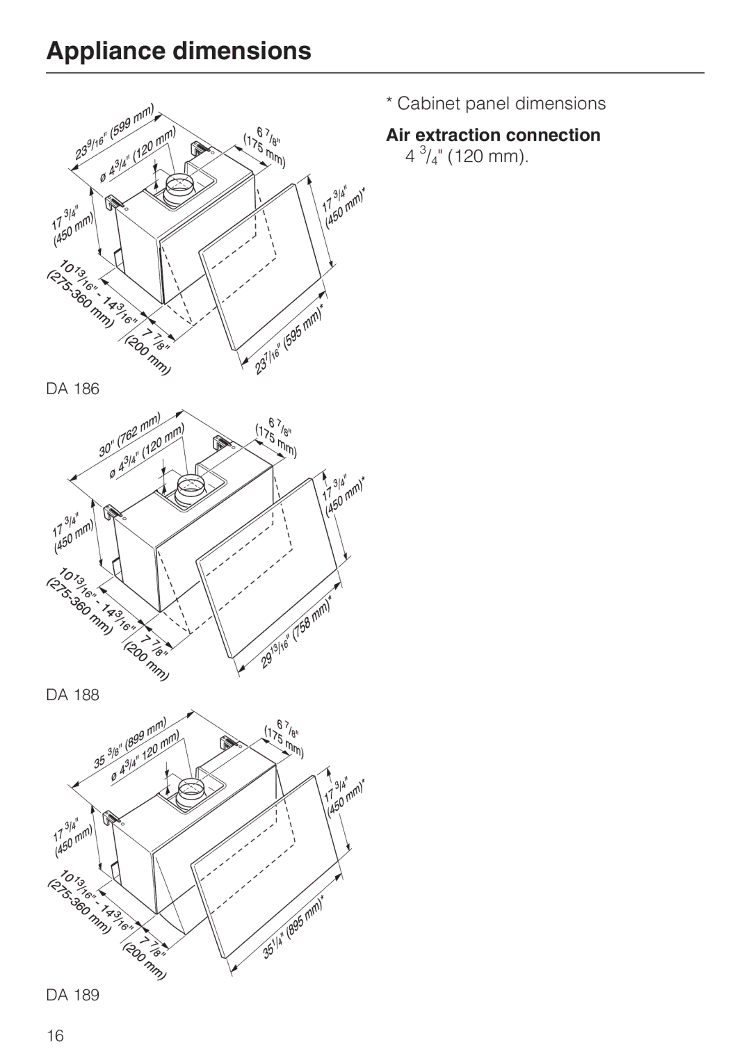 Miele DA 188, DA 186, DA 189 installation instructions Appliance dimensions, Air extraction connection 