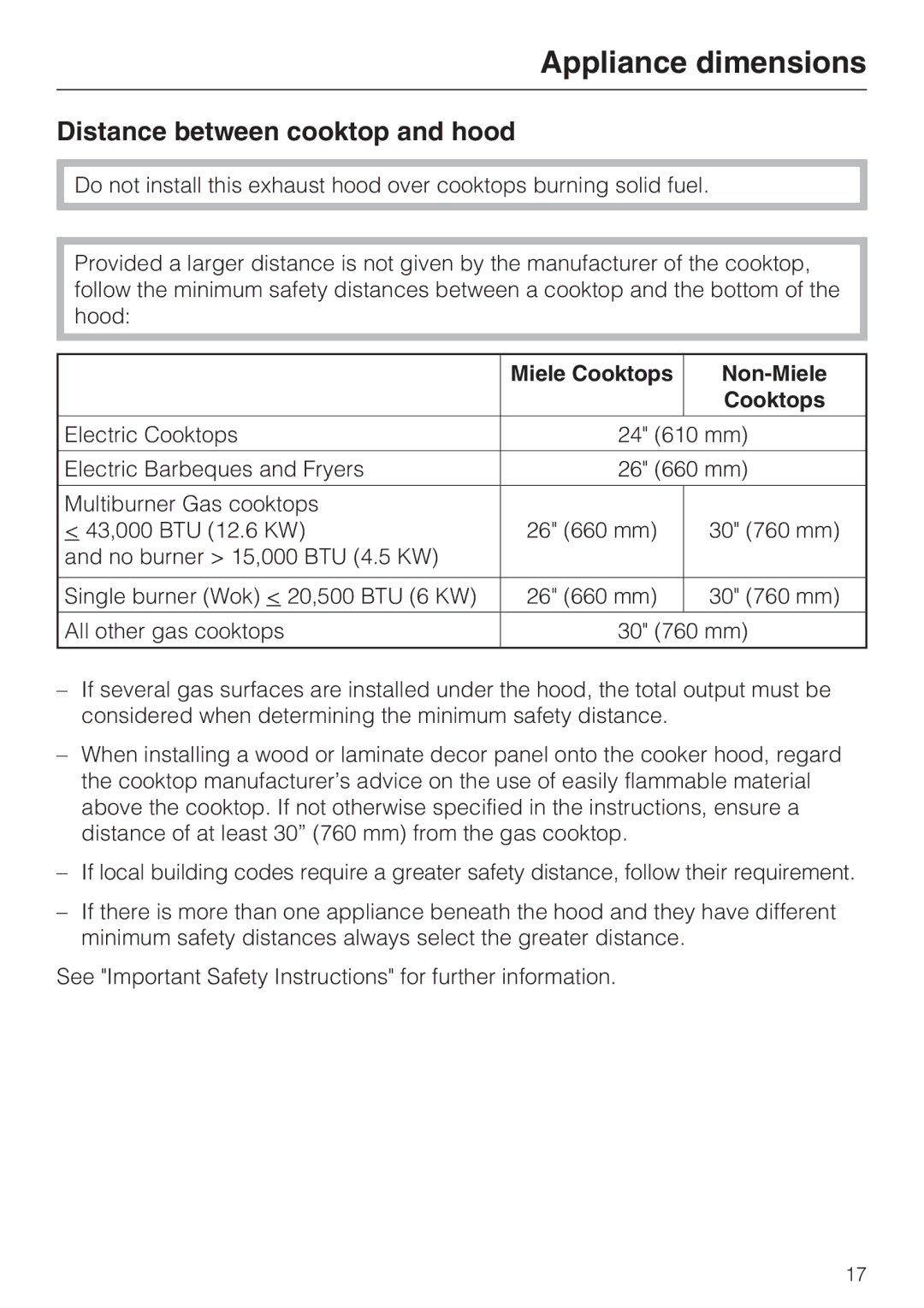 Miele DA 189, DA 186, DA 188 installation instructions Distance between cooktop and hood, Miele Cooktops Non-Miele 